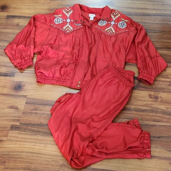 VTG Nylon 90's Beaded Red & Turquoise Track Suit Set - Picture 1 of 13